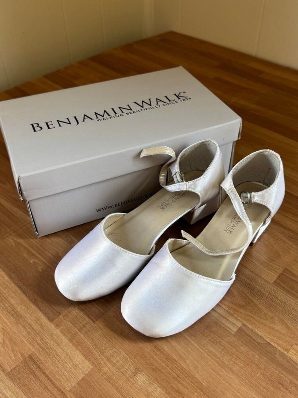 Touch Ups by Benjamin Walk "Clarissa" White Satin Low Block Heel Pumps